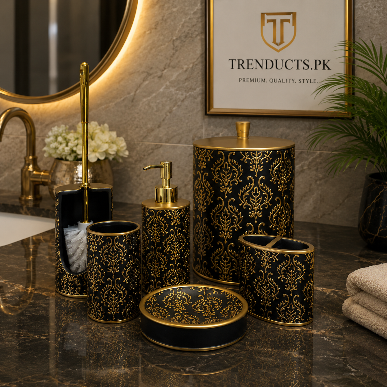 Luxury 6-Piece Ceramic Bathroom Accessory Set – Complete Vanity & Floor Suite with Trash Can and Toilet Brush