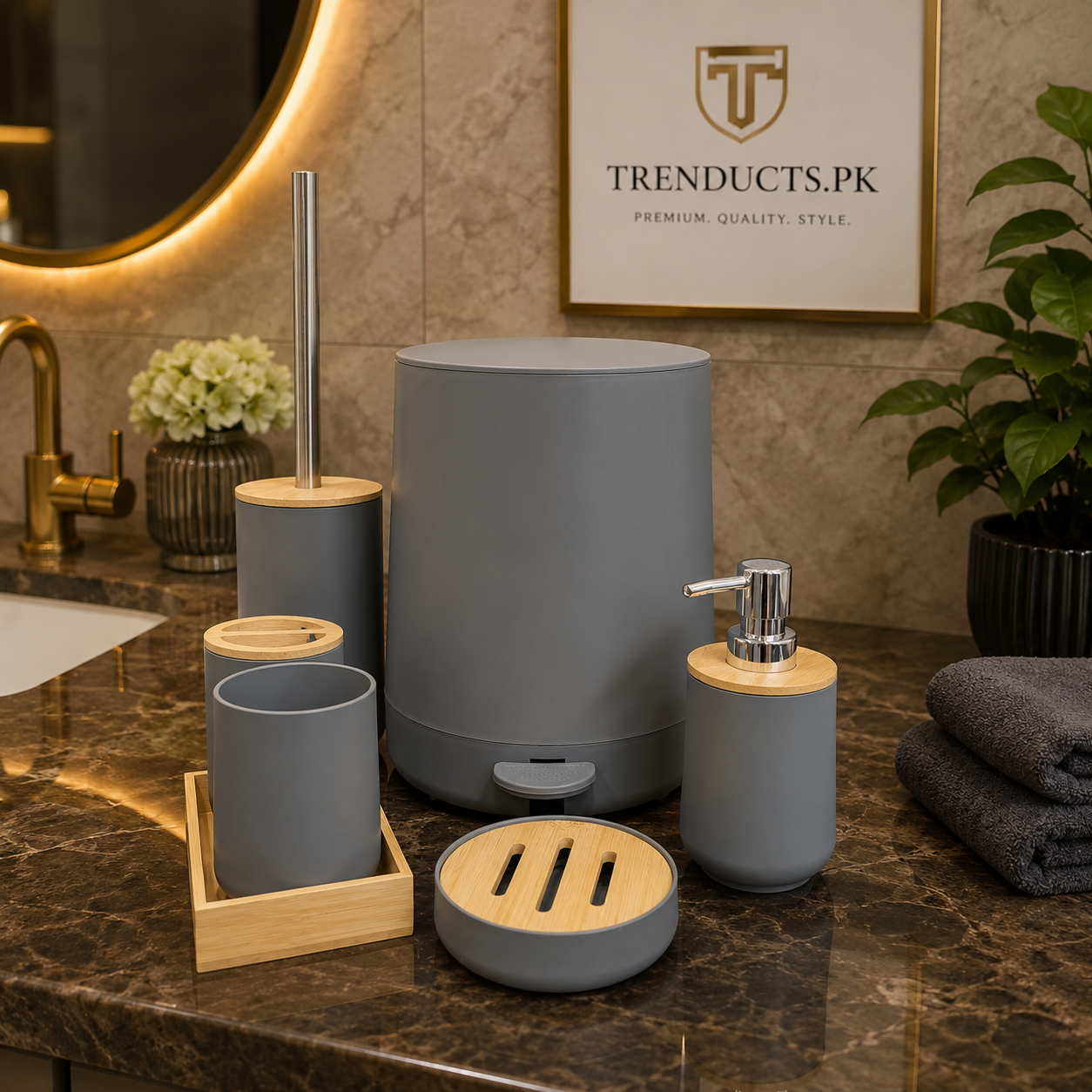 Nordic Zen 7-Piece Luxury Bathroom Accessory Set – Matte Grey & Sustainable Bamboo Complete Suite