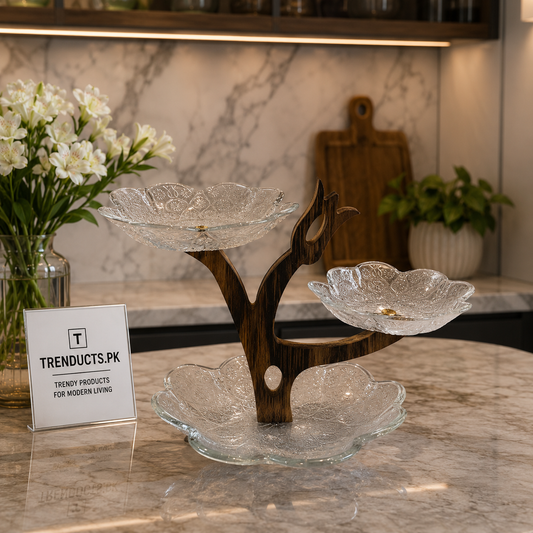Artisan 3-Tier Glass Petal Serving Platter with Wooden Tree Stand