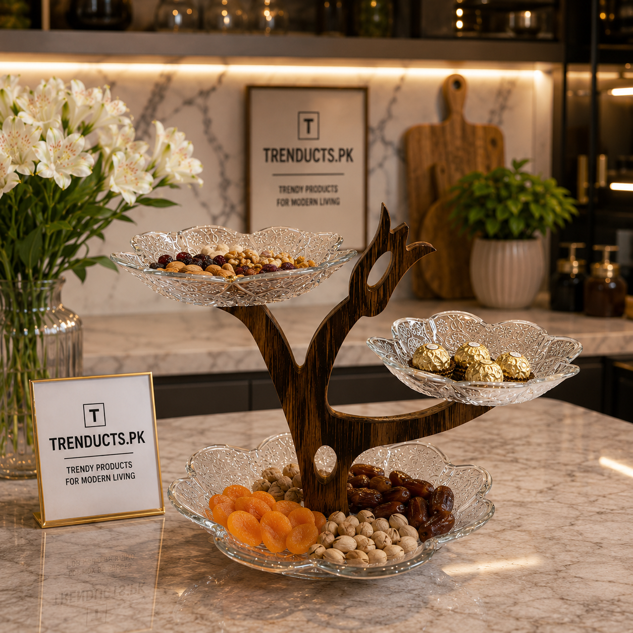 Artisan 3-Tier Glass Petal Serving Platter with Wooden Tree Stand