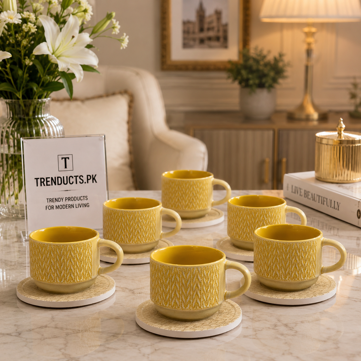 Danny Home 6-Piece Ceramic Cup & Saucer Set – Mustard Harvest