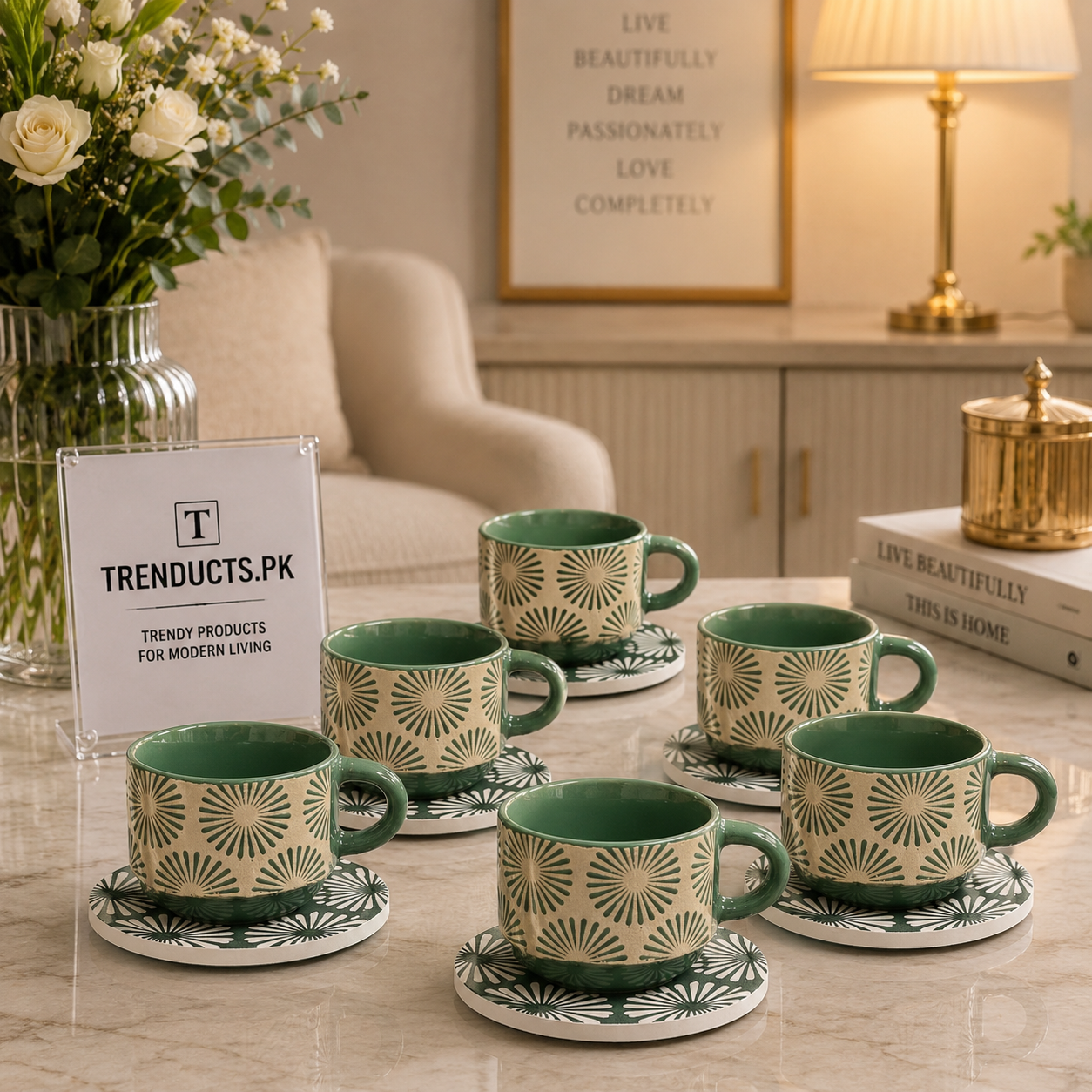 Danny Home 6-Piece Ceramic Cup & Saucer Set – Sage Sunburst