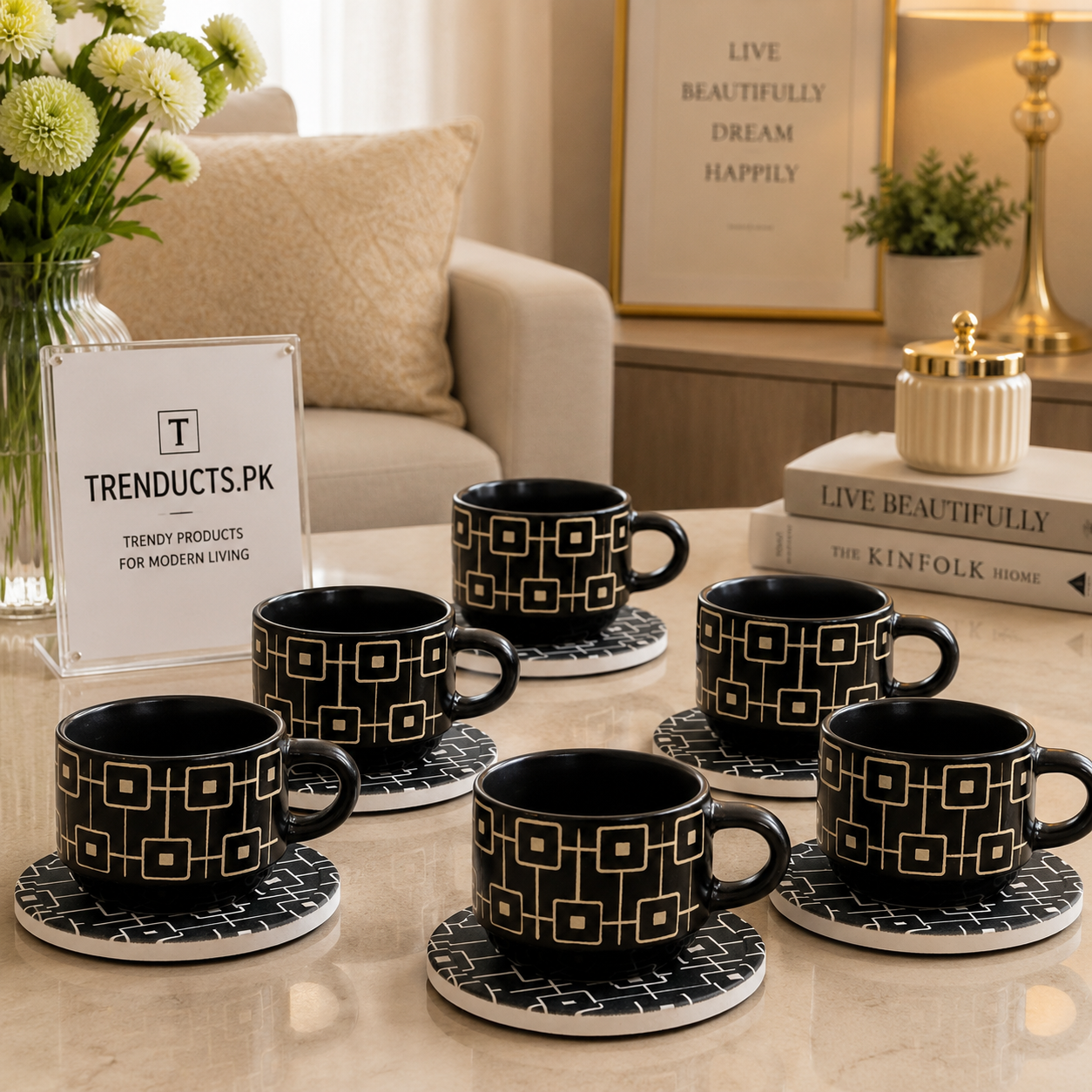 Danny Home 6-Piece Ceramic Cup & Saucer Set – Midnight Deco