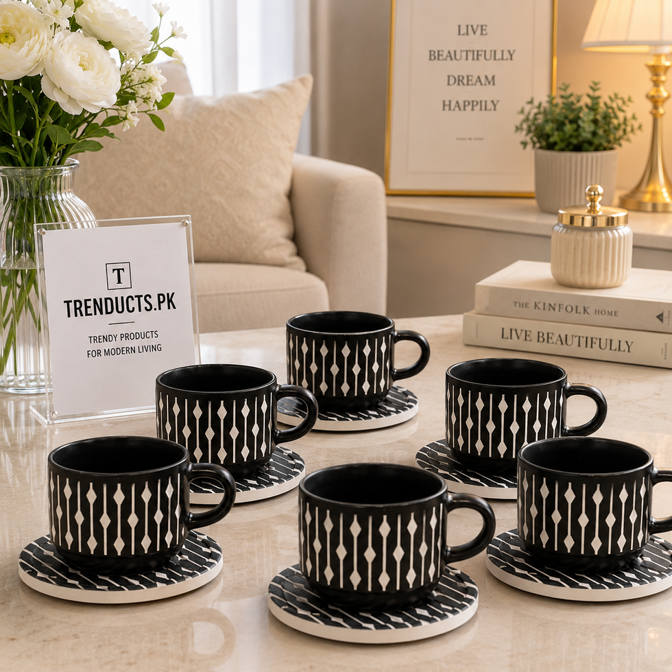 Danny Home 6-Piece Ceramic Cup & Saucer Set – Obsidian Harlequin