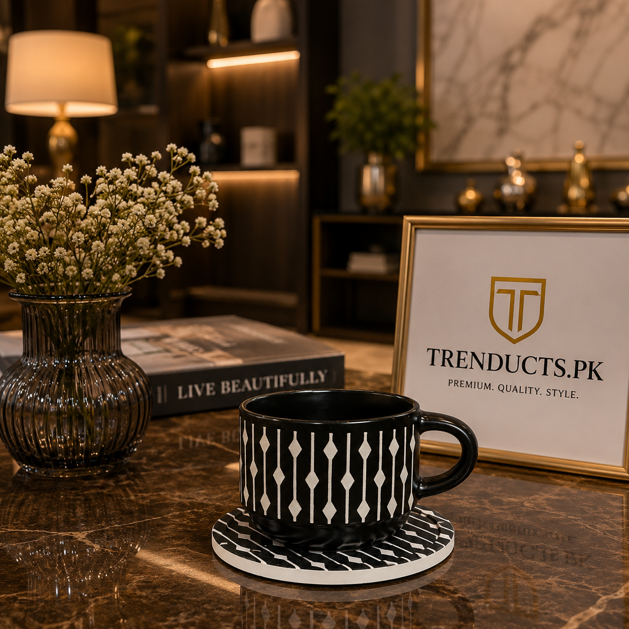 Danny Home 6-Piece Ceramic Cup & Saucer Set – Obsidian Harlequin