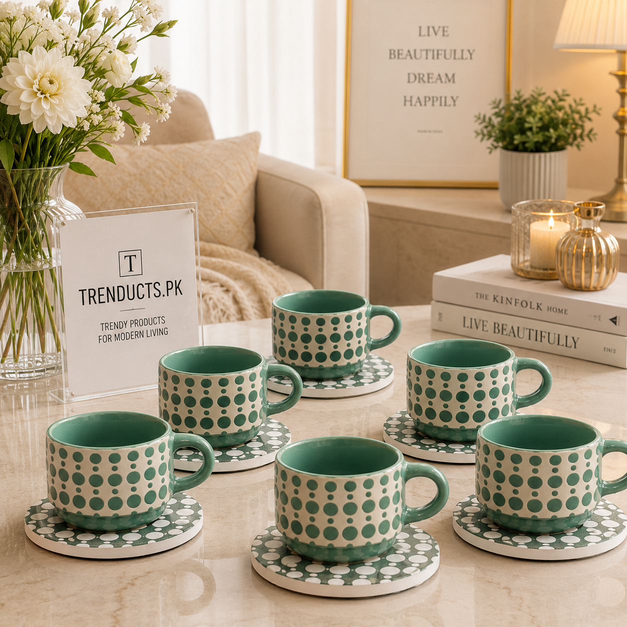 Danny Home 6-Piece Ceramic Cup & Saucer Set – Sage Polka Dot