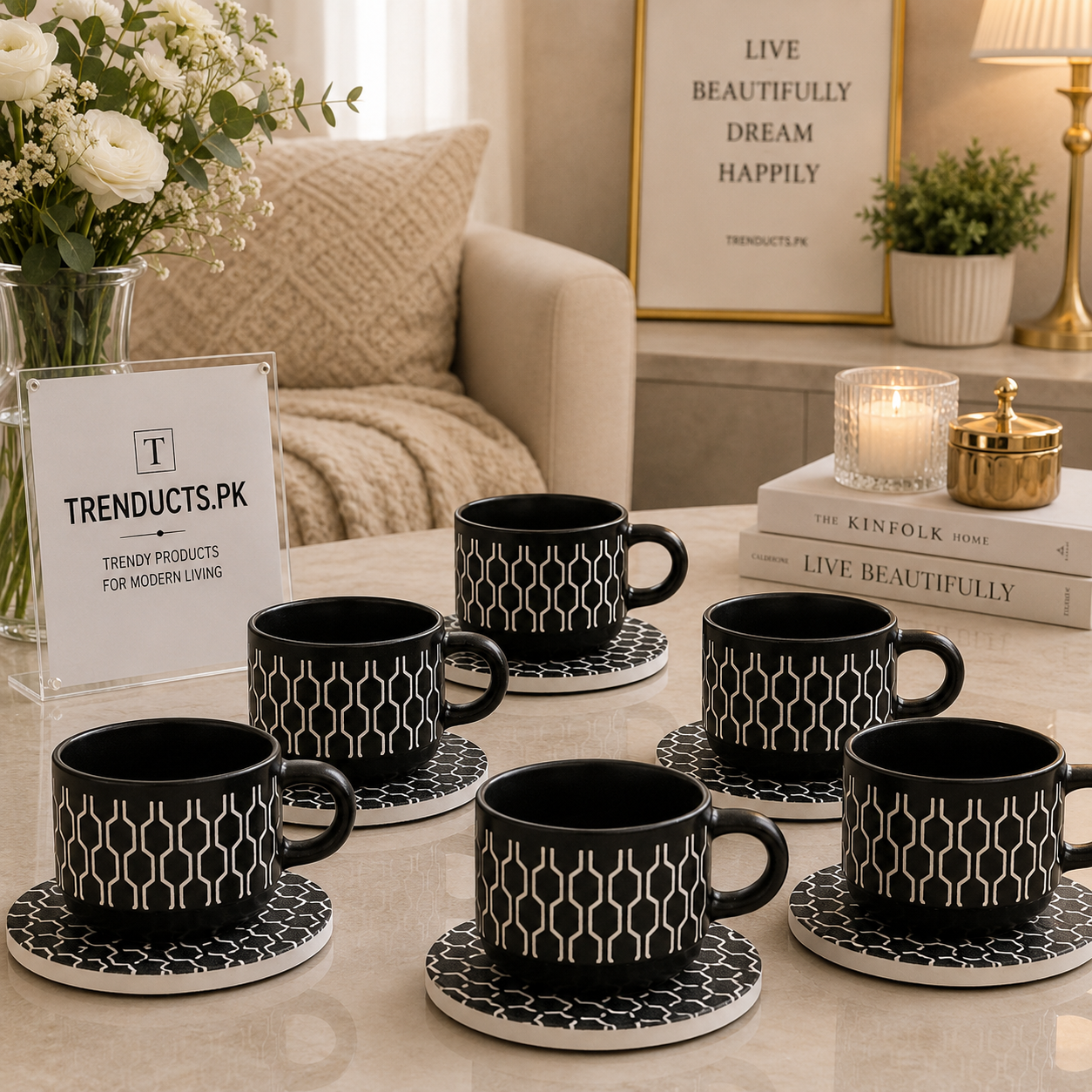 Danny Home 6-Piece Ceramic Cup & Saucer Set – Midnight Hex
