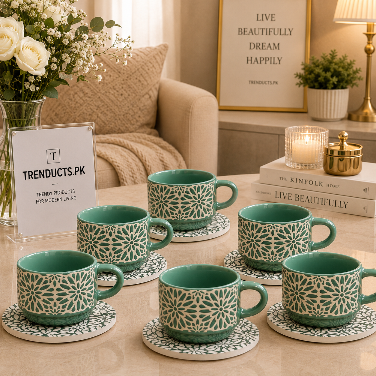 Danny Home 6-Piece Ceramic Cup & Saucer Set – Sage Floral Mandala