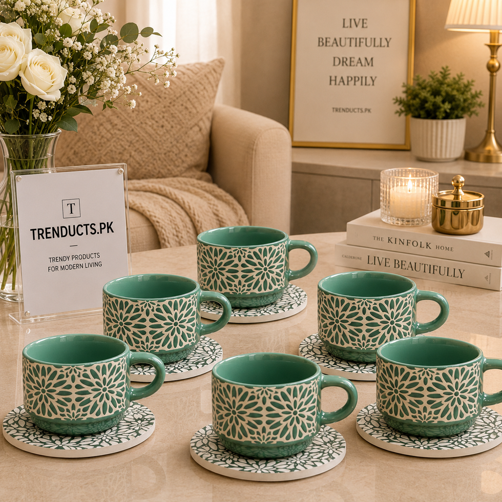Danny Home 6-Piece Ceramic Cup & Saucer Set – Sage Floral Mandala