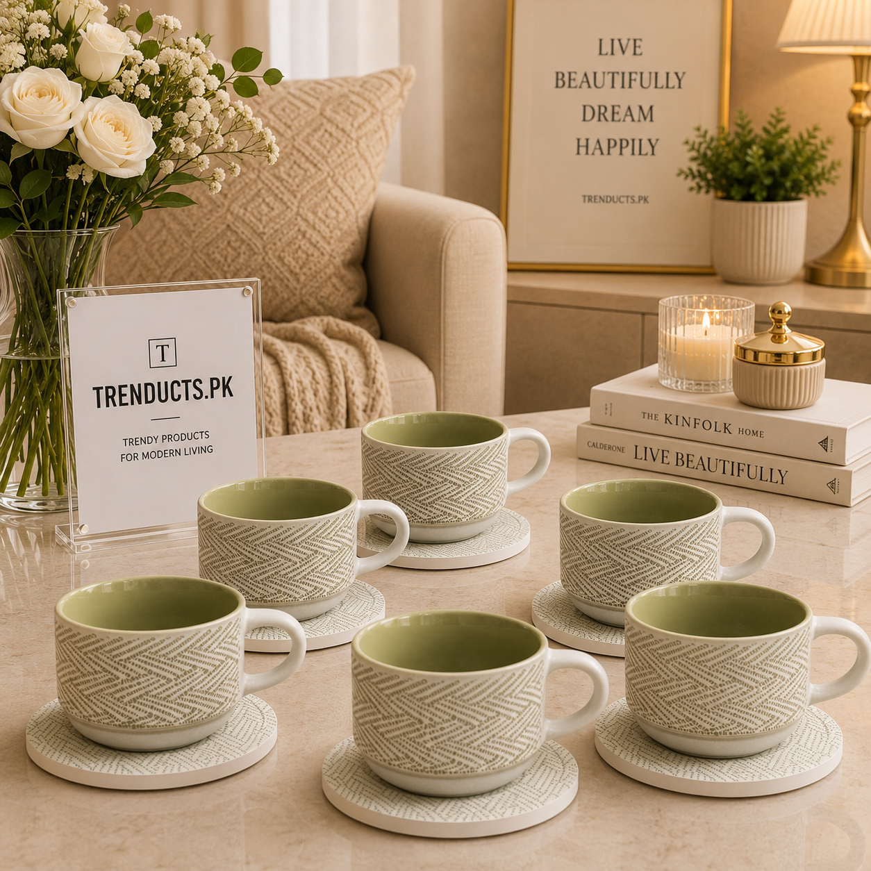 Danny Home 6-Piece Ceramic Cup & Saucer Set – Sage Weave