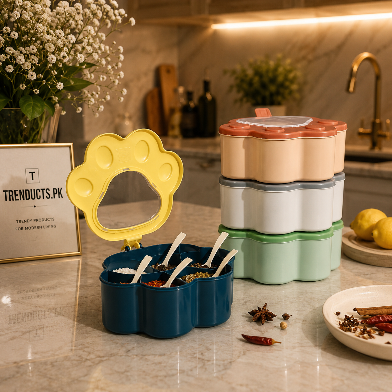 Aesthetic "Cat Paw" 4-Grid Spice & Condiment Box Set