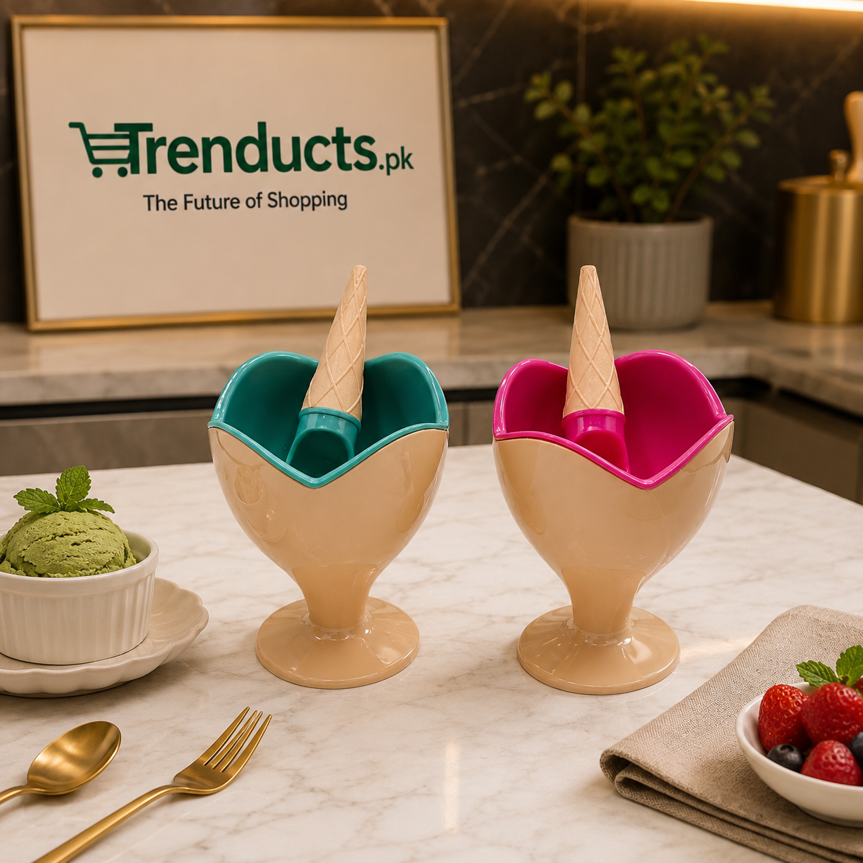 2-Piece Waffle-Themed Dessert Bowl & Cone-Spoon Set
