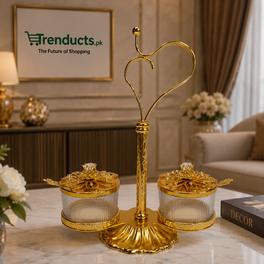 Royal Heart-Handled Golden Glass Spice & Condiment Set