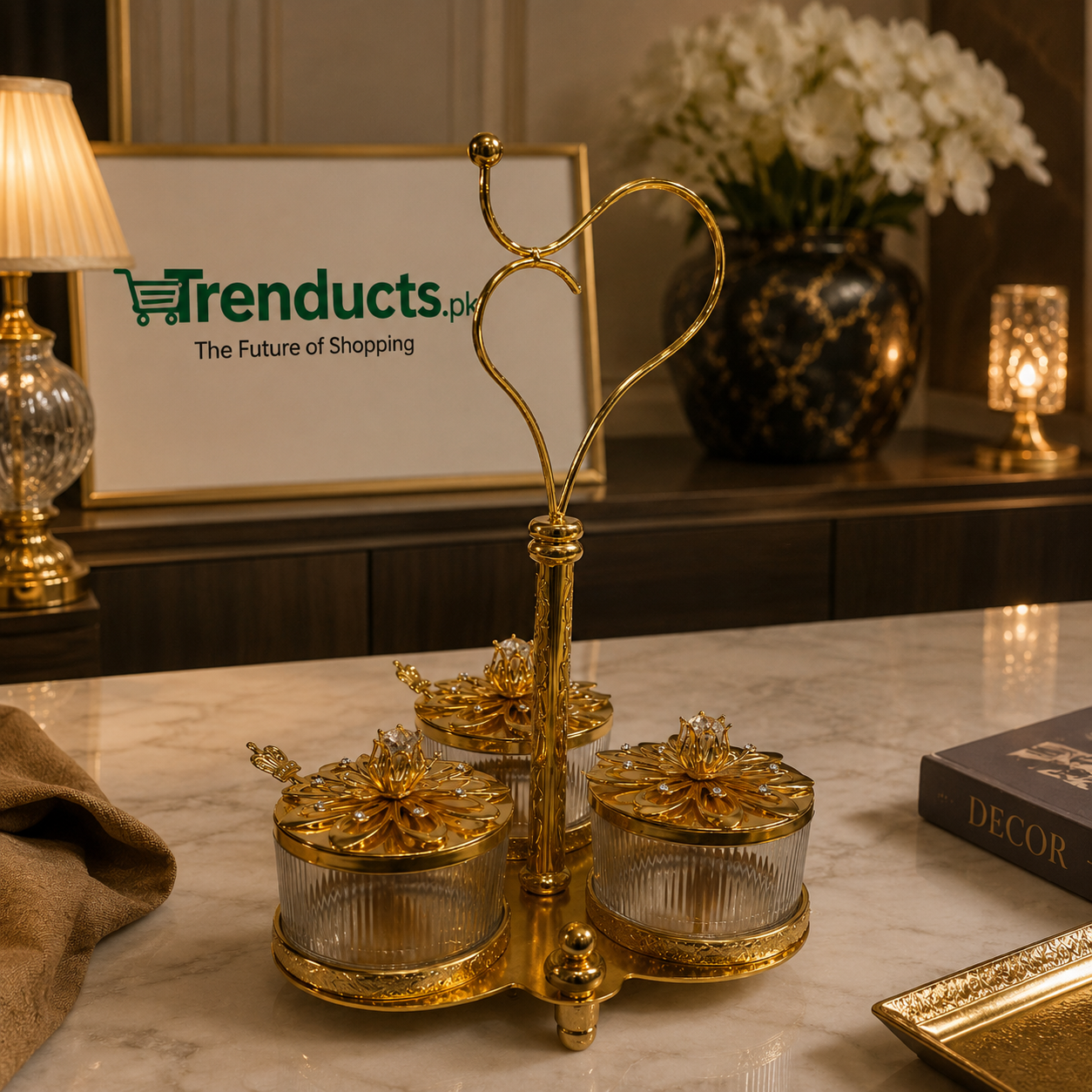 Royal Heart-Handled Golden Glass Spice & Condiment Set – 3-Piece