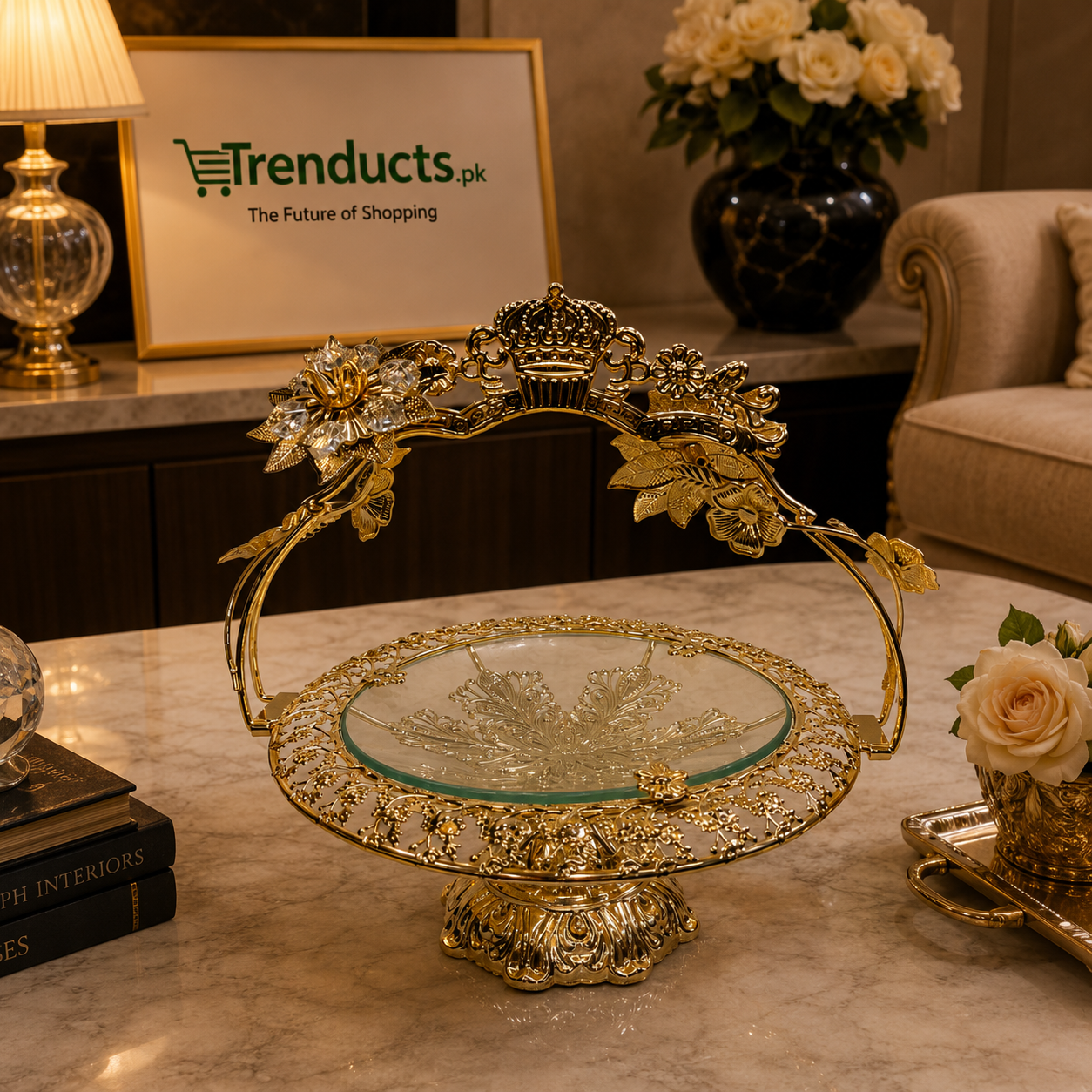 Imperial Crown & Crystal Golden Pedestal Platter