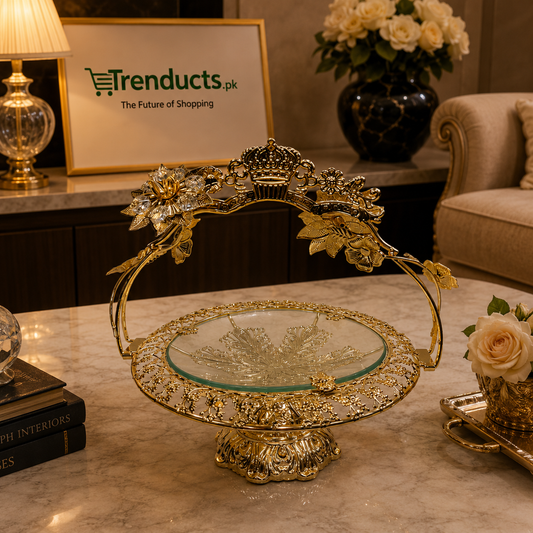 Imperial Crown & Crystal Golden Pedestal Platter