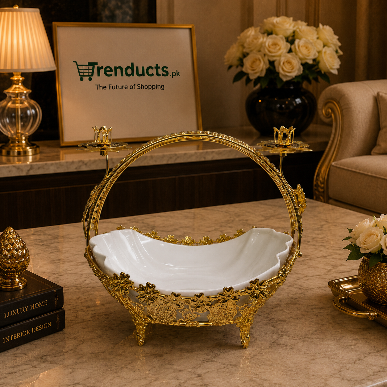 Royal Scalloped Ceramic & Golden Floral Serving Bowl