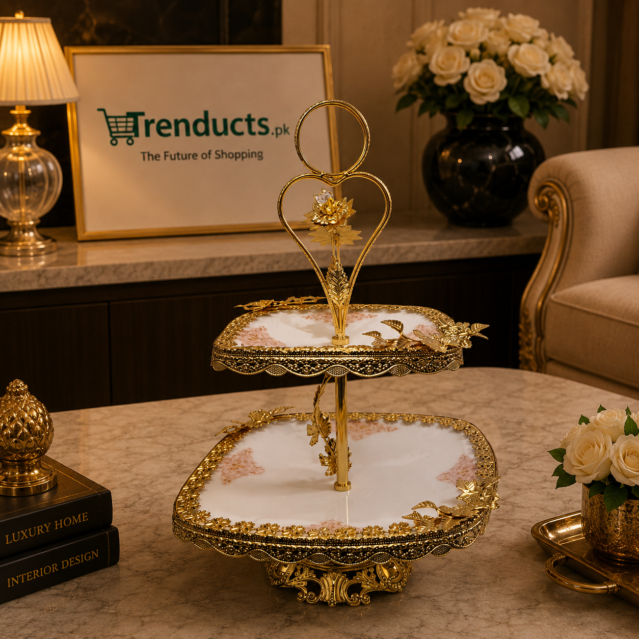 Royal Heart-Handled 2-Tier Golden Ceramic Dessert Stand