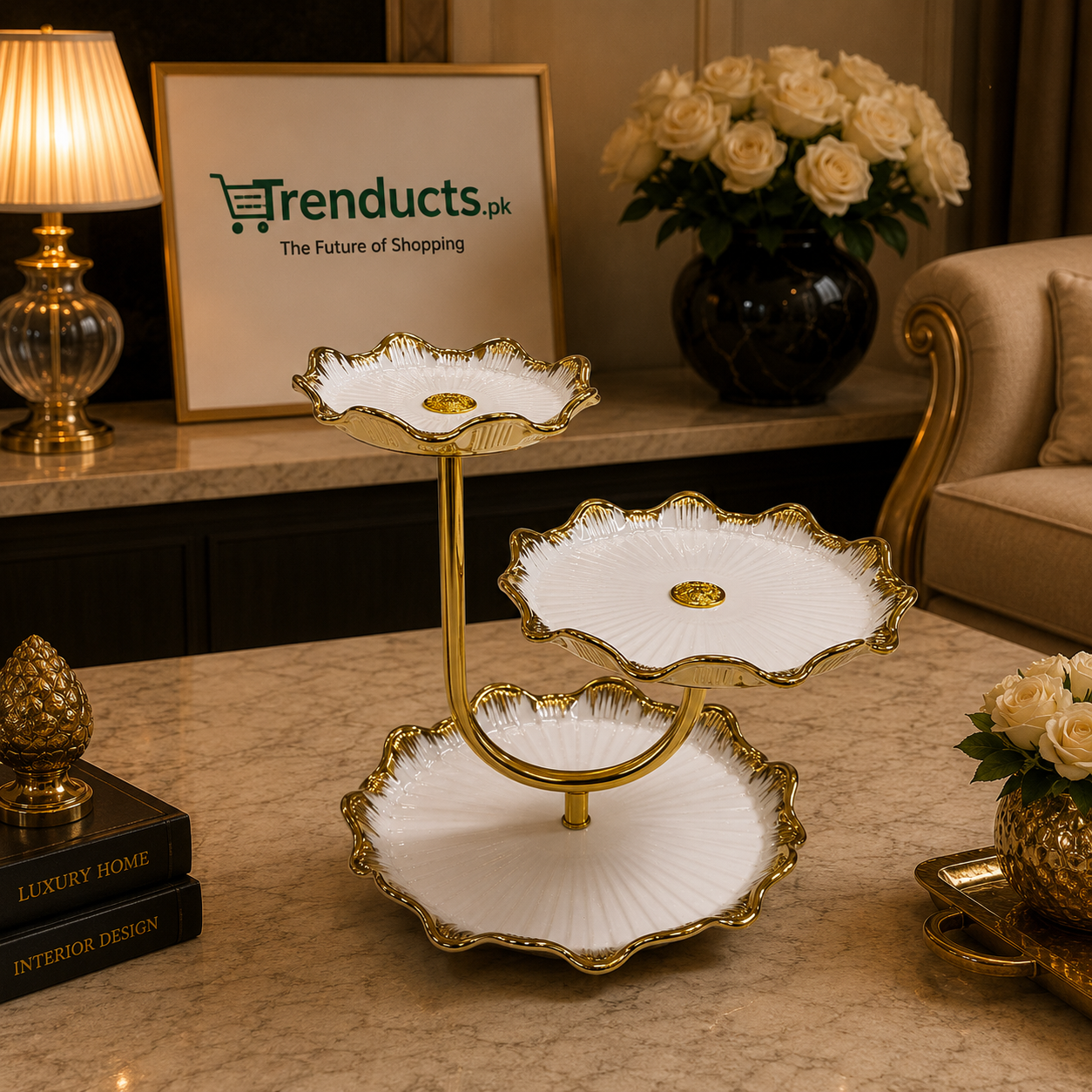 Modern Scalloped 3-Tier "U-Curve" Ceramic Serving Stand