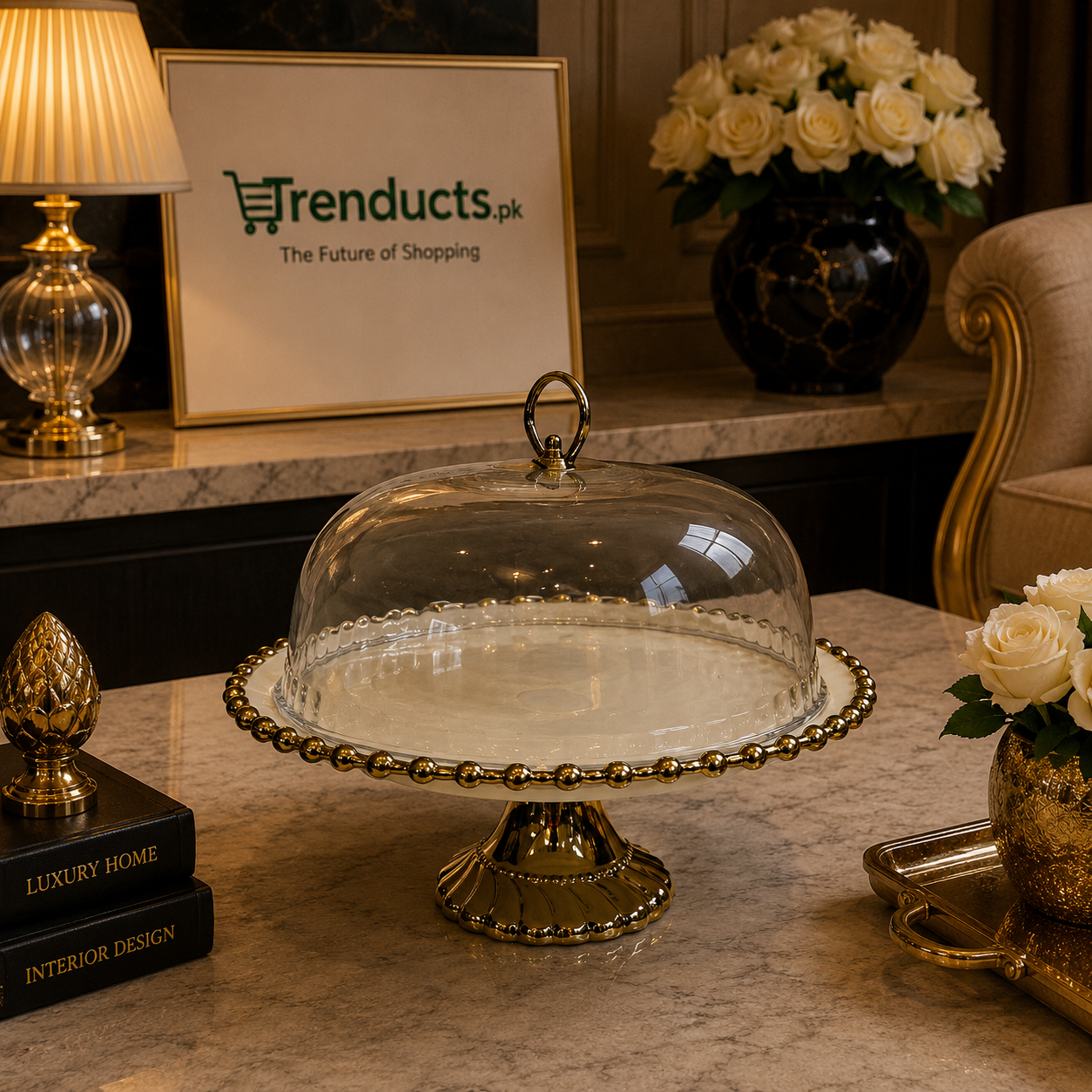 Royal Beaded Golden Ceramic Cake Stand with Glass Cloche