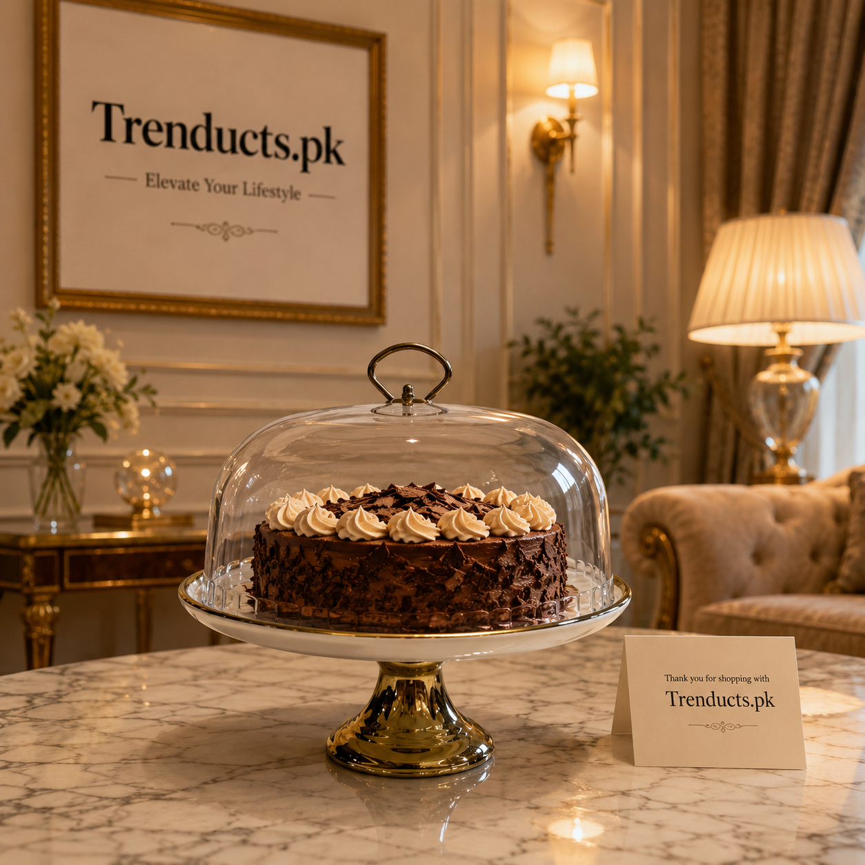 Royal Golden Marble Ceramic Cake Stand with Glass Cloche