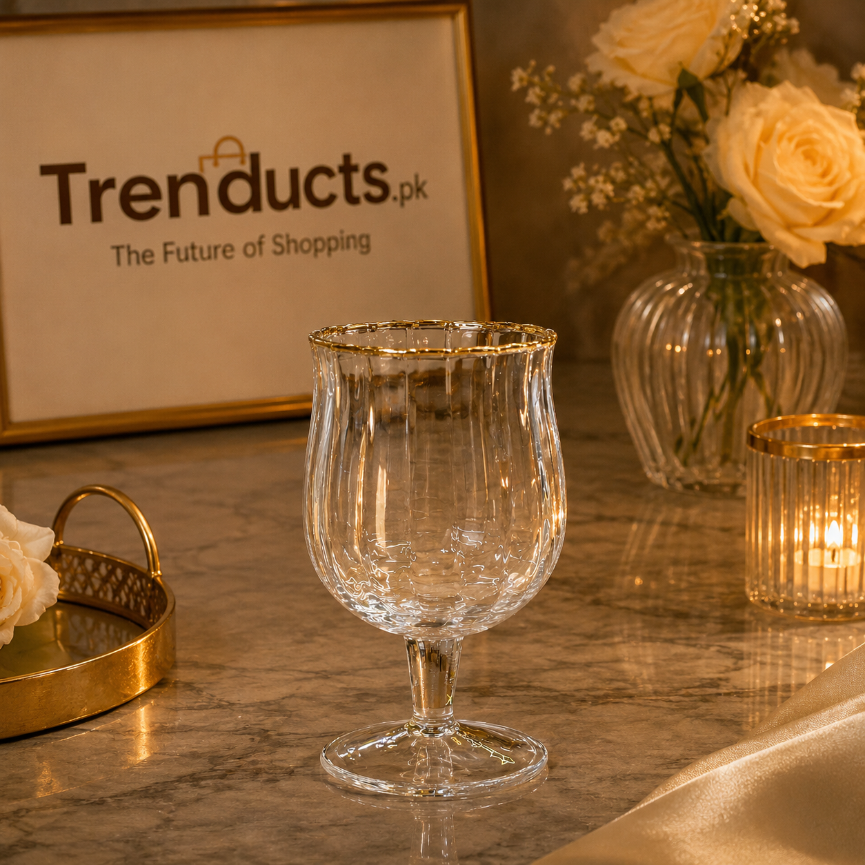 Royal Gold-Rimmed Ribbed Crystal Stemware – Set of 6