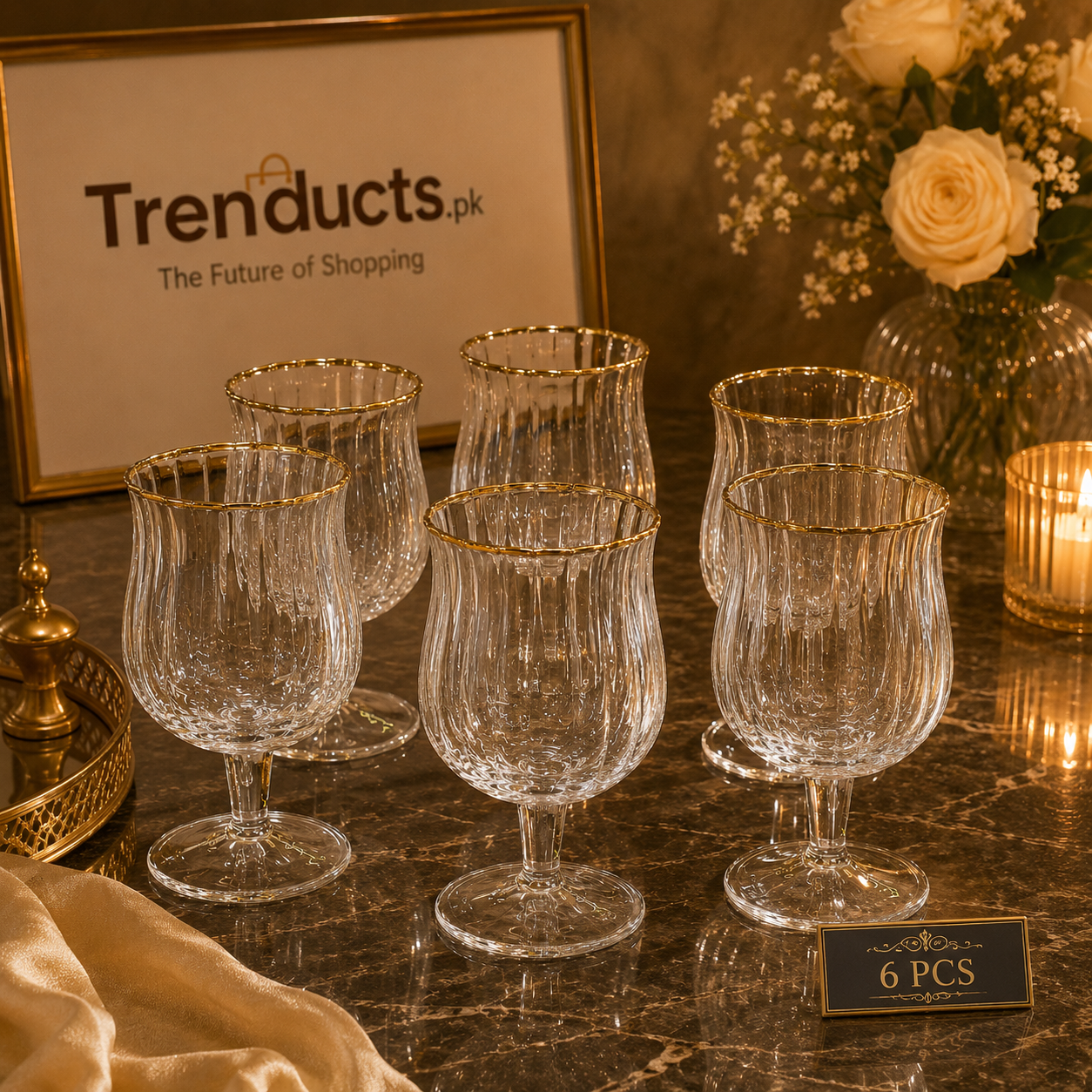 Royal Gold-Rimmed Ribbed Crystal Stemware – Set of 6
