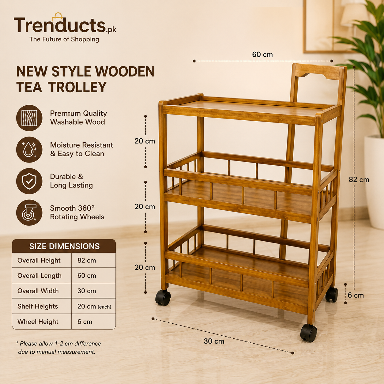 Modern 3-Tier Multi-Functional Bamboo Service Trolley