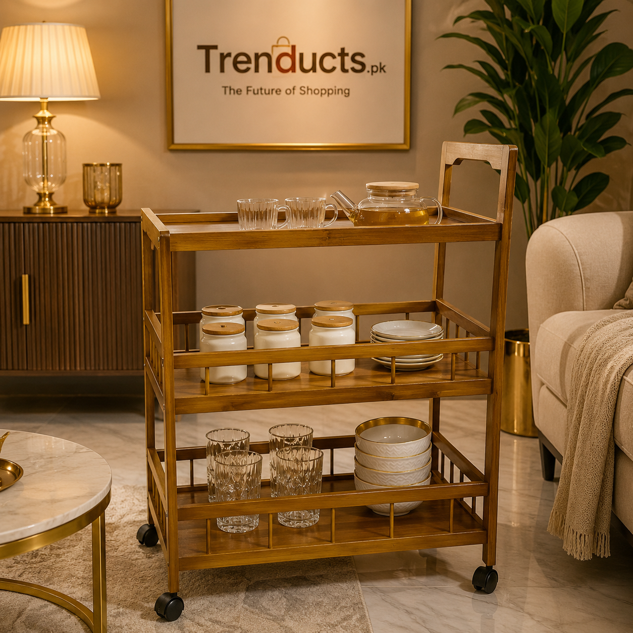 Modern 3-Tier Multi-Functional Bamboo Service Trolley