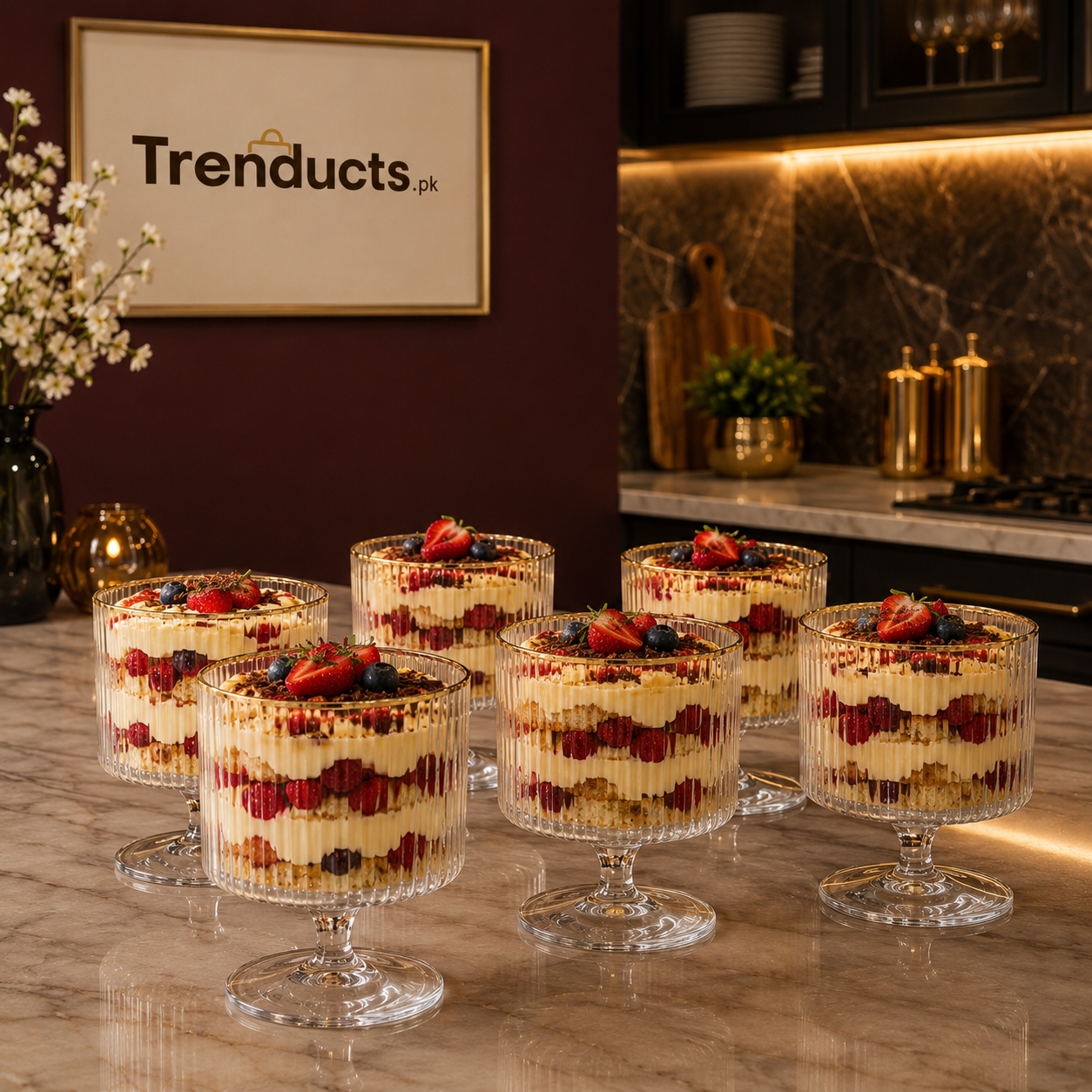 Royal Flower-Shaped Ribbed Crystal Trifle Bowls – Set of 6