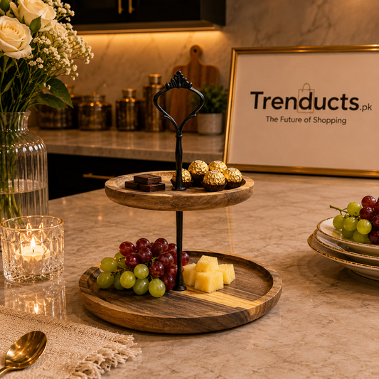 Rustic Chic 2-Tier Natural Acacia Wood Serving Stand