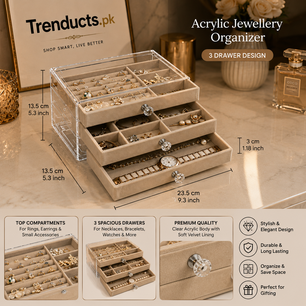 Acrylic Jewellery Organizer with 3 Drawers for Stylish Storage