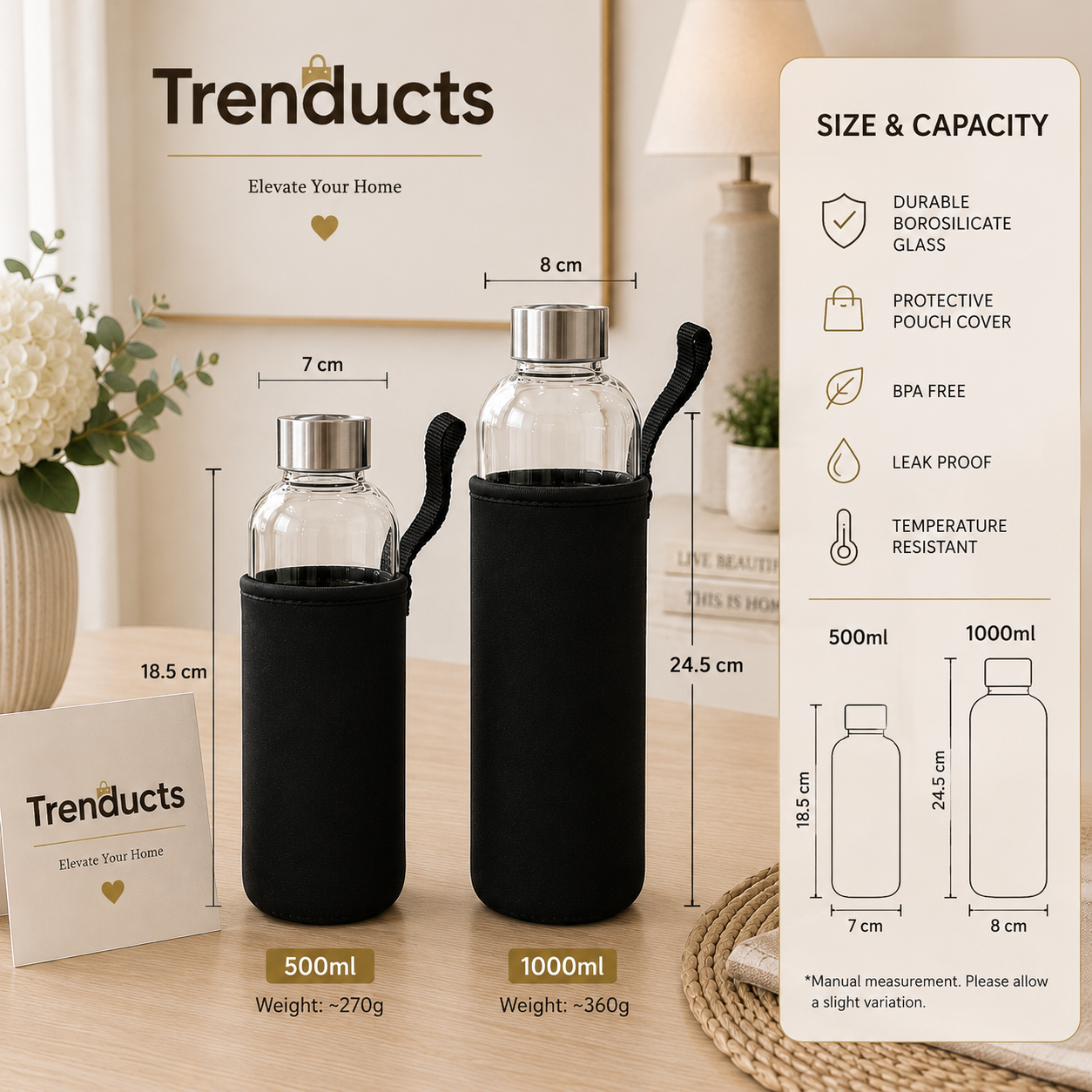 Eco-Friendly Borosilicate Glass Water Bottle with Protective Neoprene Pouch