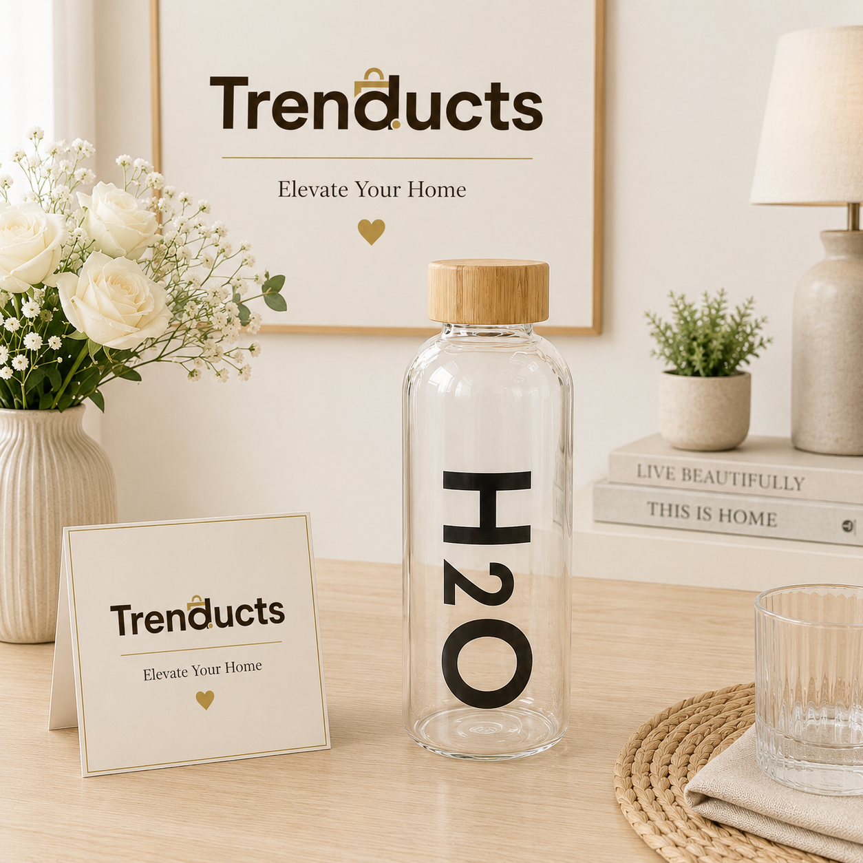 Modern "H2O" Borosilicate Glass Bottle with Bamboo Lid
