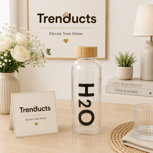 Modern "H2O" Borosilicate Glass Bottle with Bamboo Lid