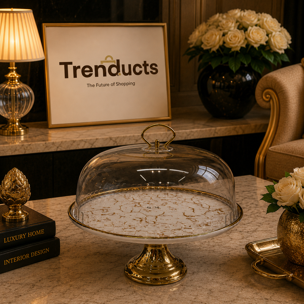 Royal Golden Marble Ceramic Cake Stand with Glass Cloche