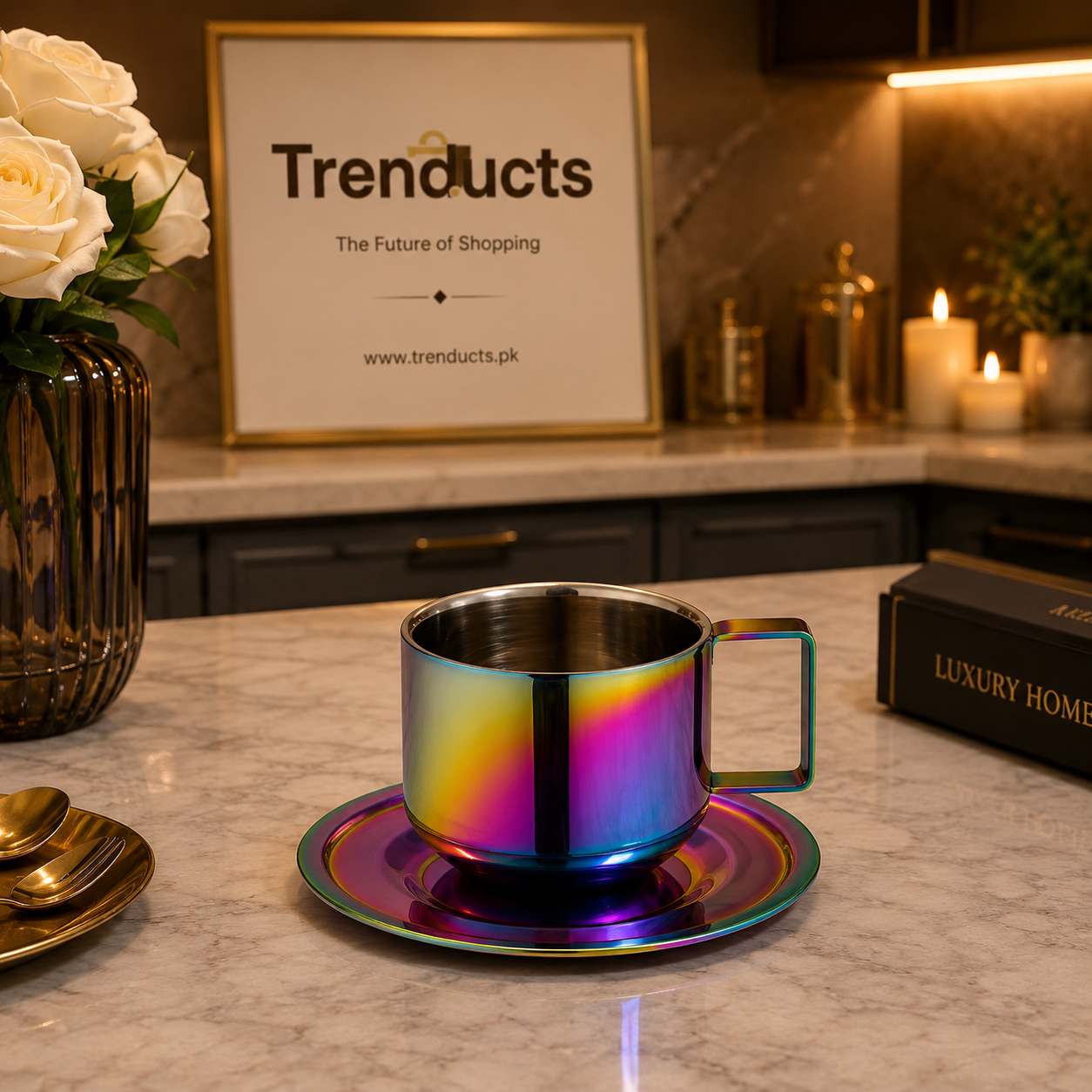 Aero Metallic Double-Walled Stainless Steel Cup & Saucer Set