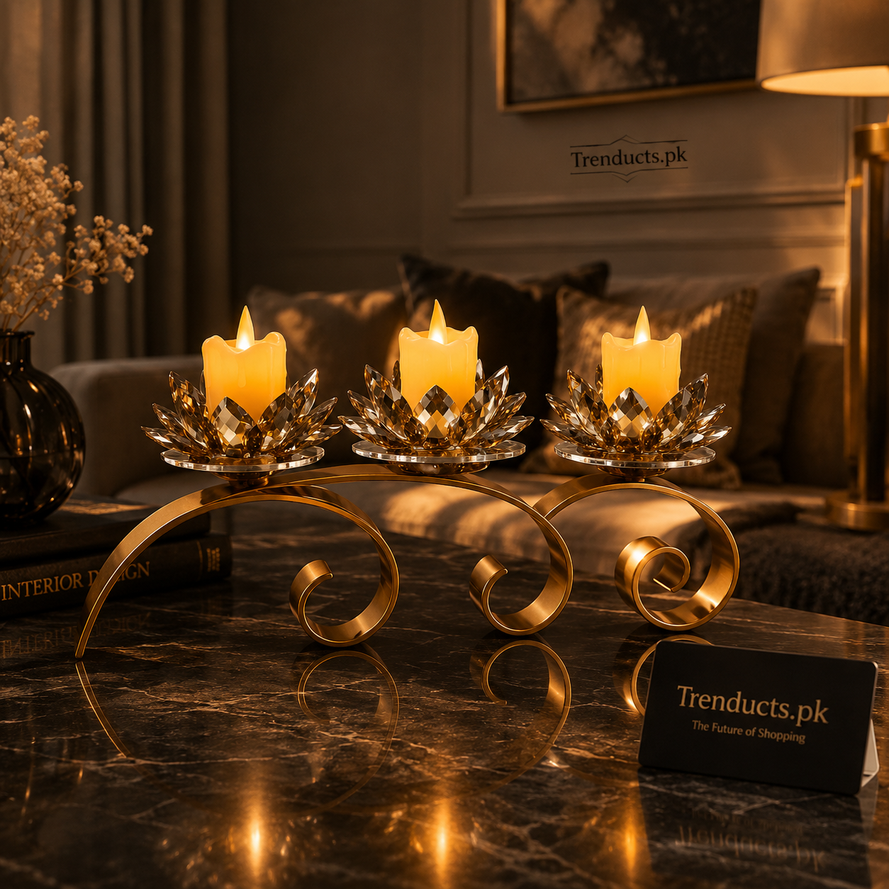 Imperial Nordic 3-Head Crystal Lotus Golden Candle Stand