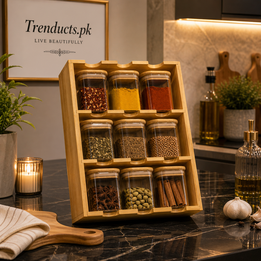 Bamboo 9-Grid Spice Rack with Airtight Glass Jars