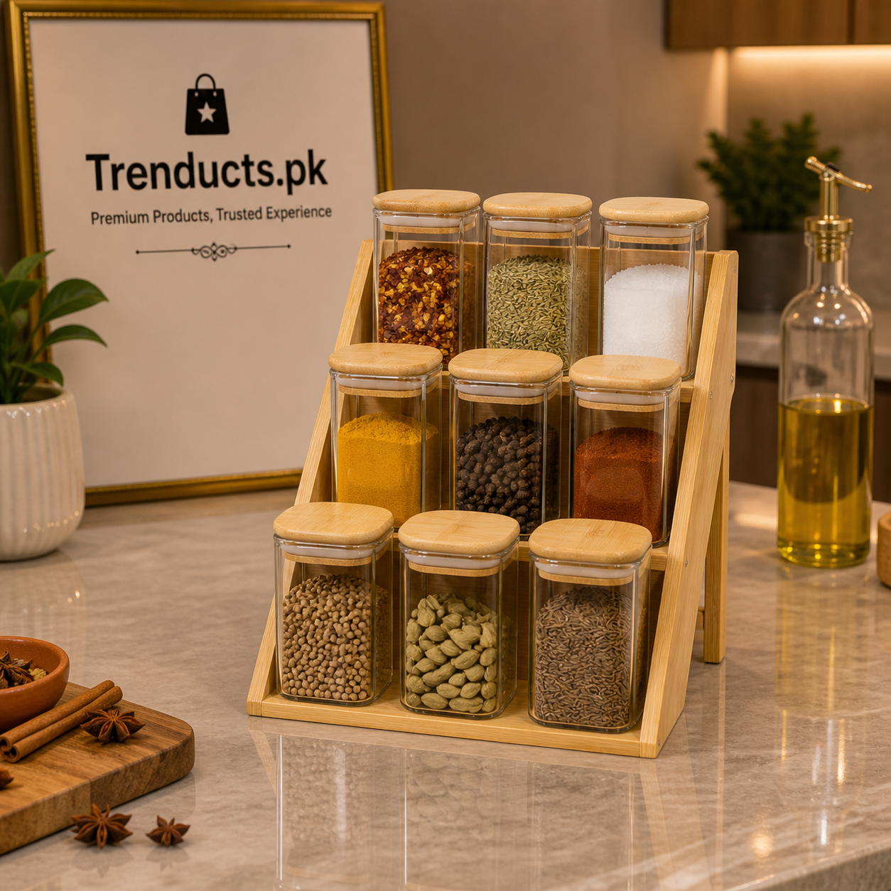 3-Tier Bamboo Spice Rack & 9 Glass Jars