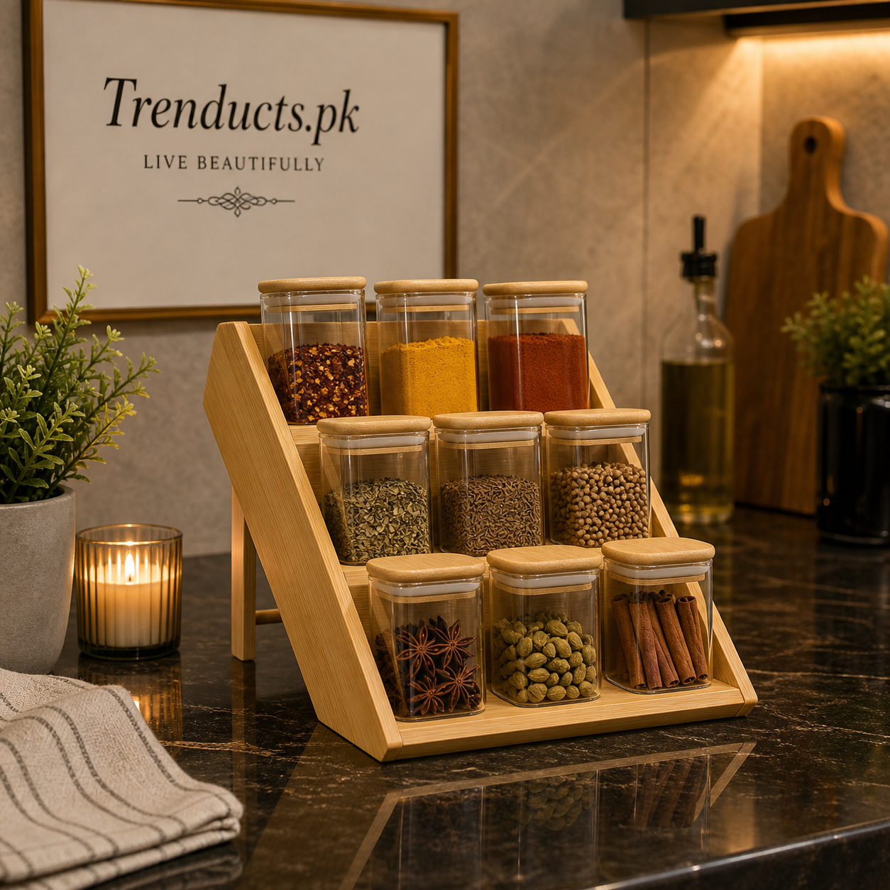 3-Tier Bamboo Spice Rack & 9 Glass Jars