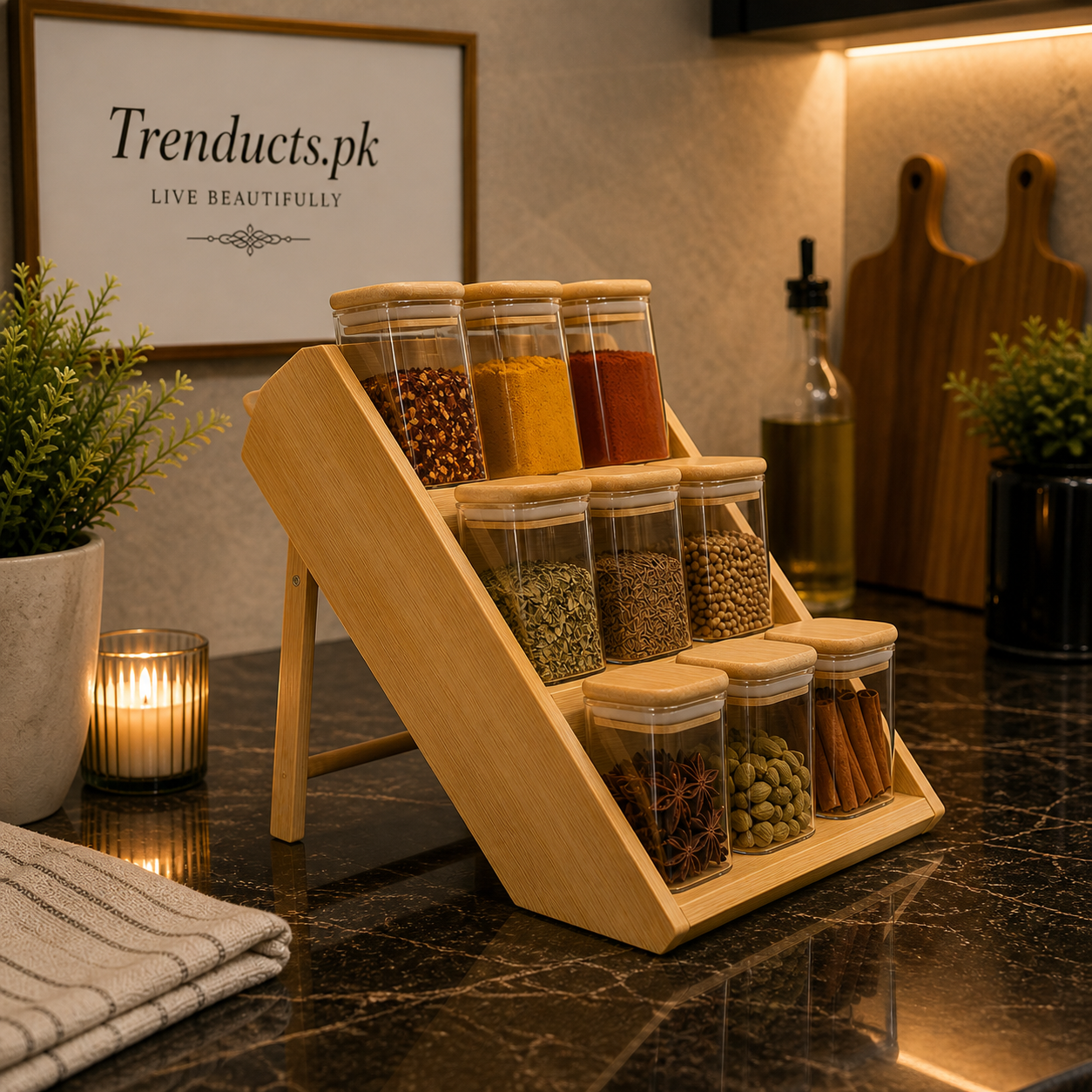 3-Tier Bamboo Spice Rack & 9 Glass Jars