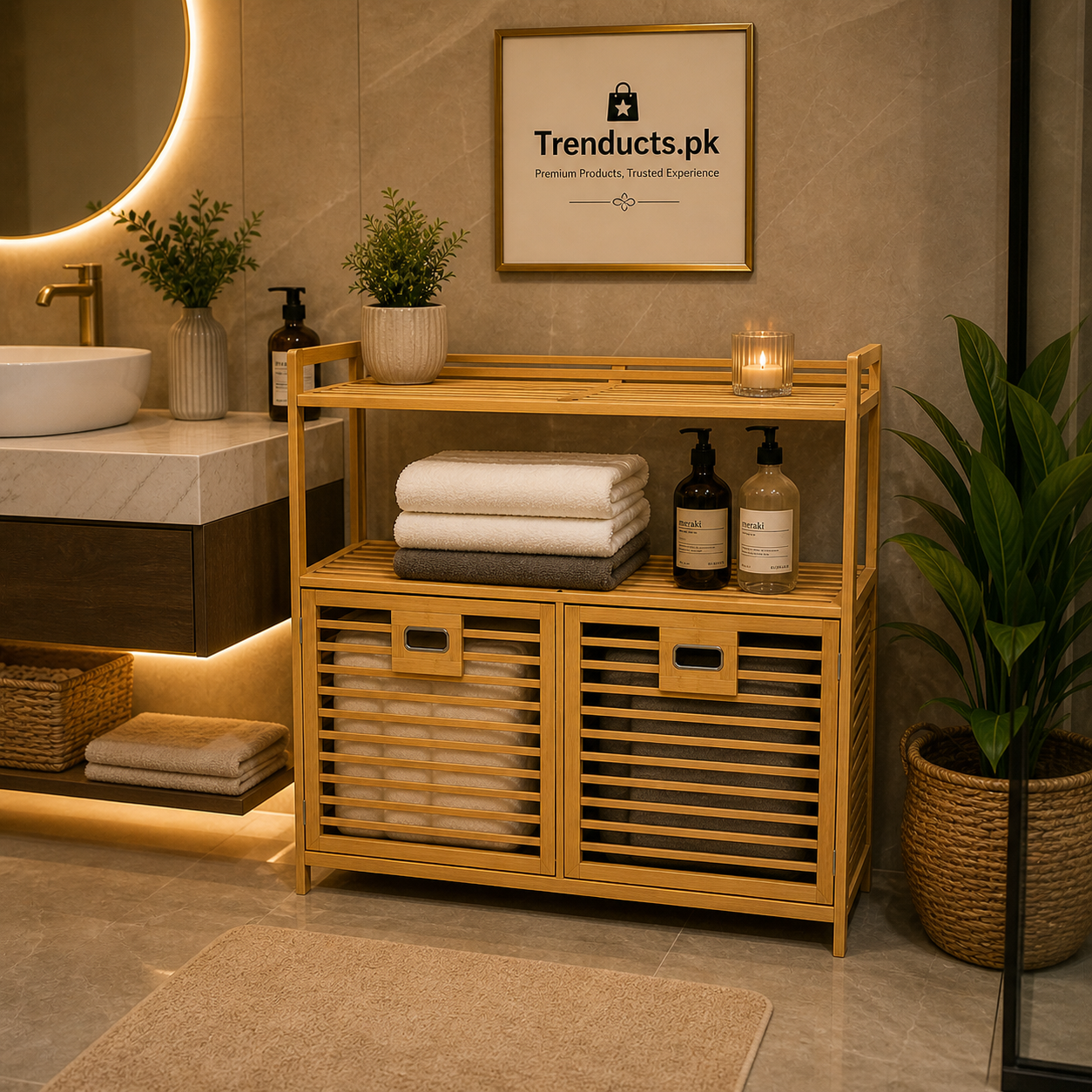 Premium Double-Section Bamboo Laundry Hamper & Storage Rack