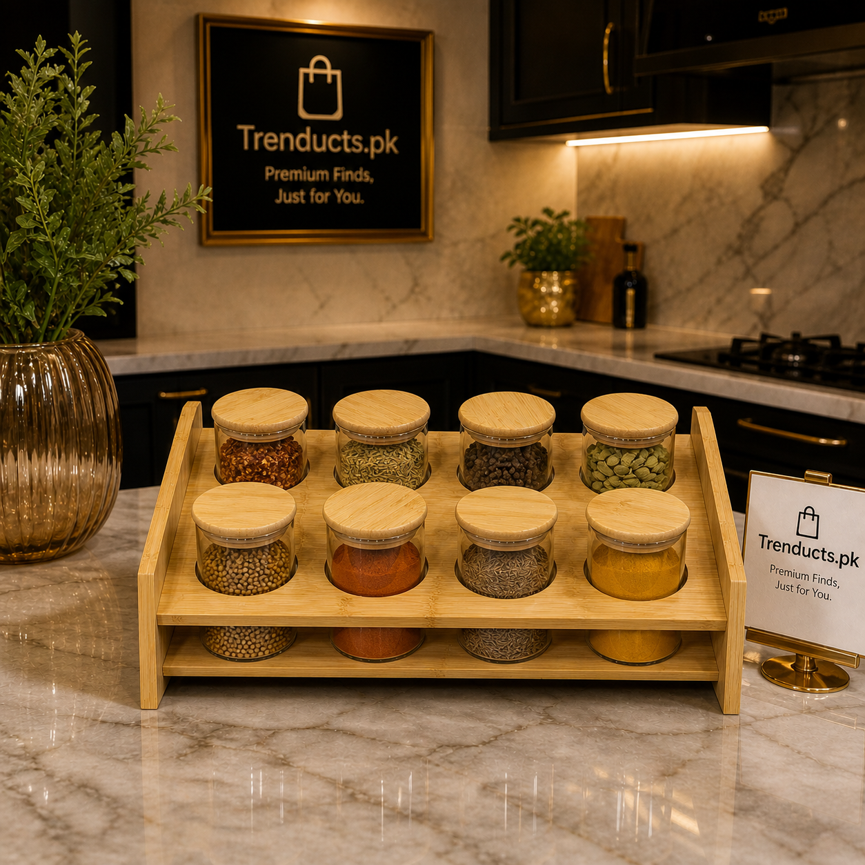 Two-Tier Bamboo Step Spice Rack with 8 Airtight Glass Jars