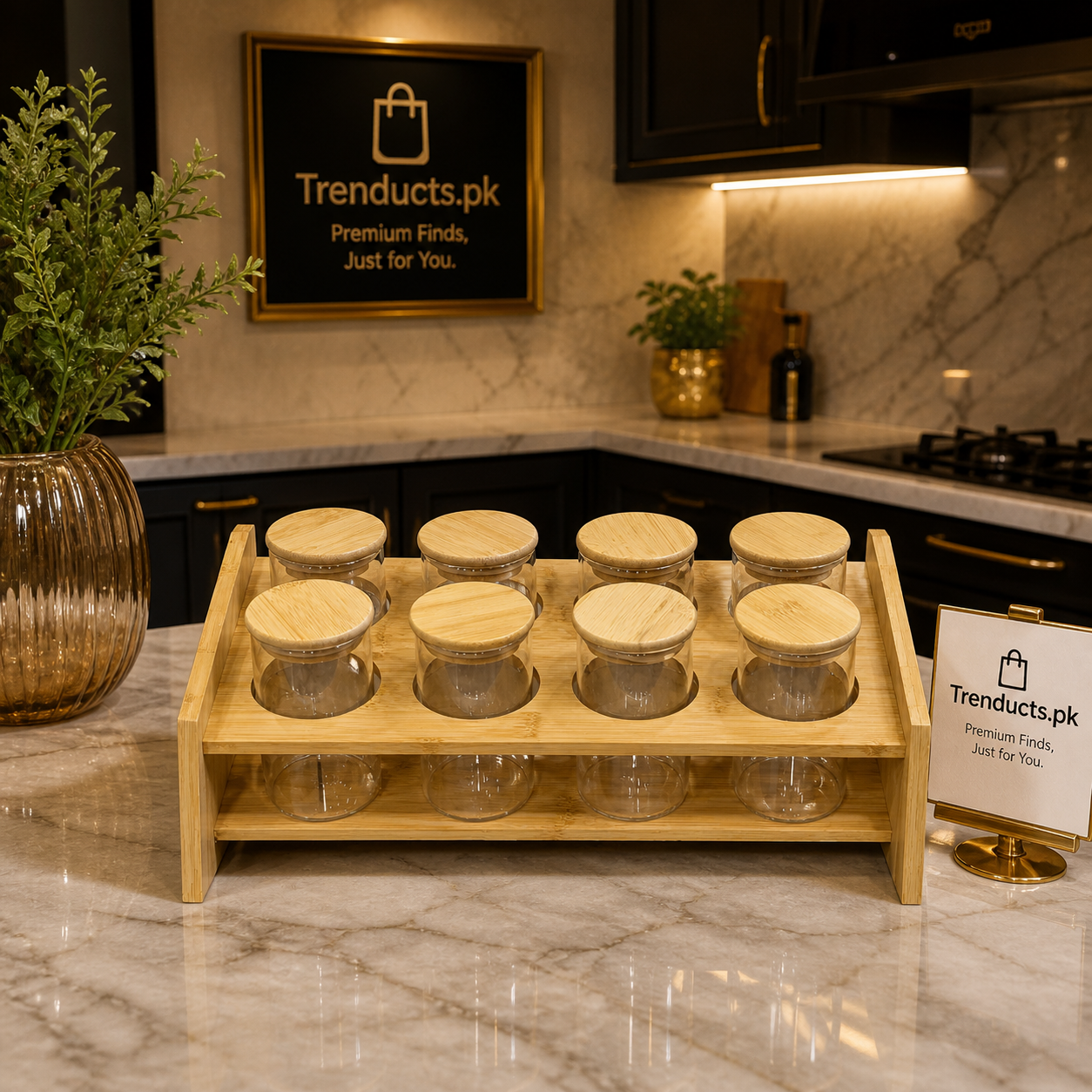 Two-Tier Bamboo Step Spice Rack with 8 Airtight Glass Jars