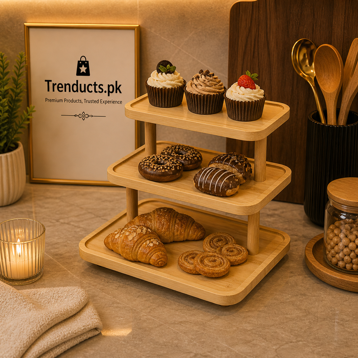 3-Tier Bamboo Pastry & Dessert Display Stand
