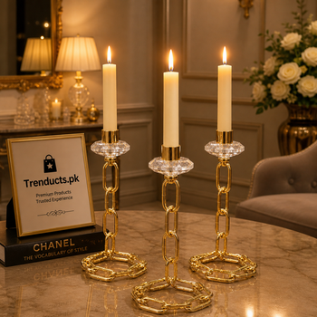 Modern Gold Chain Link & Crystal Candle Stand Set (3-Piece)