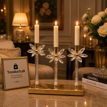 Luxury 3-Piece Crystal Bloom Golden Candle Stand