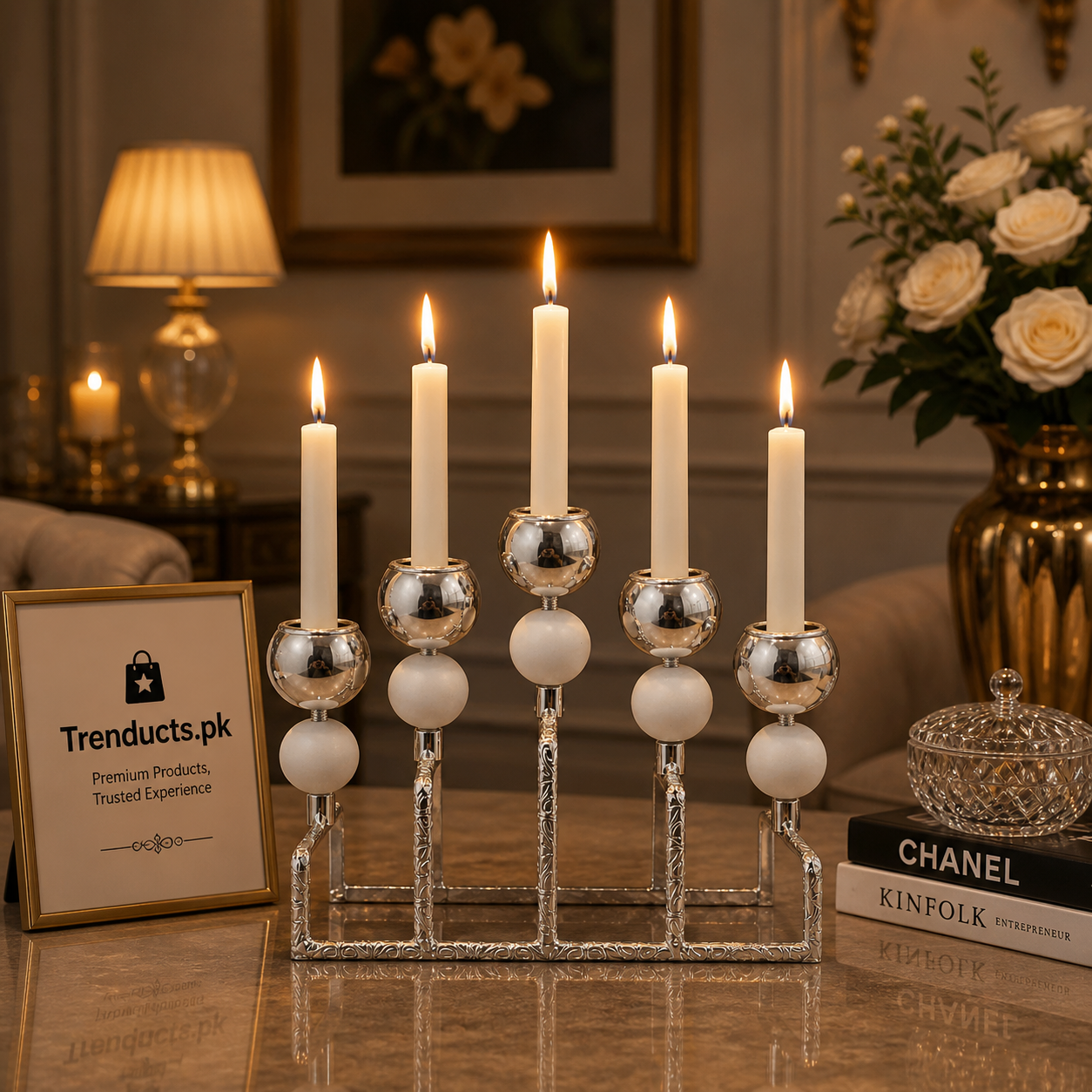 Sophisticated 5-Pillar Silver Candle Stand with Frosted Accents