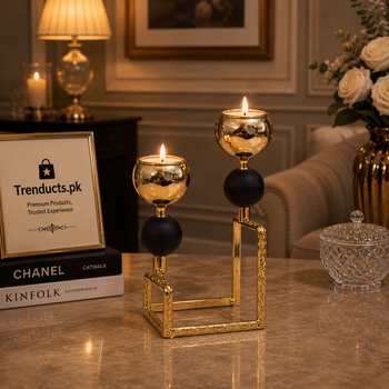 Modern 2-Pillar Golden Metal Candle Stand with Matte Black Accents